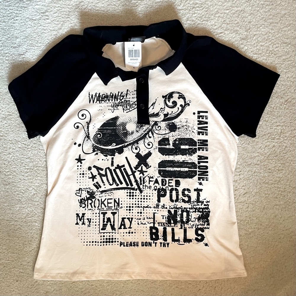 Social Collision Black & Cream Graphiti Collared Shirt XL